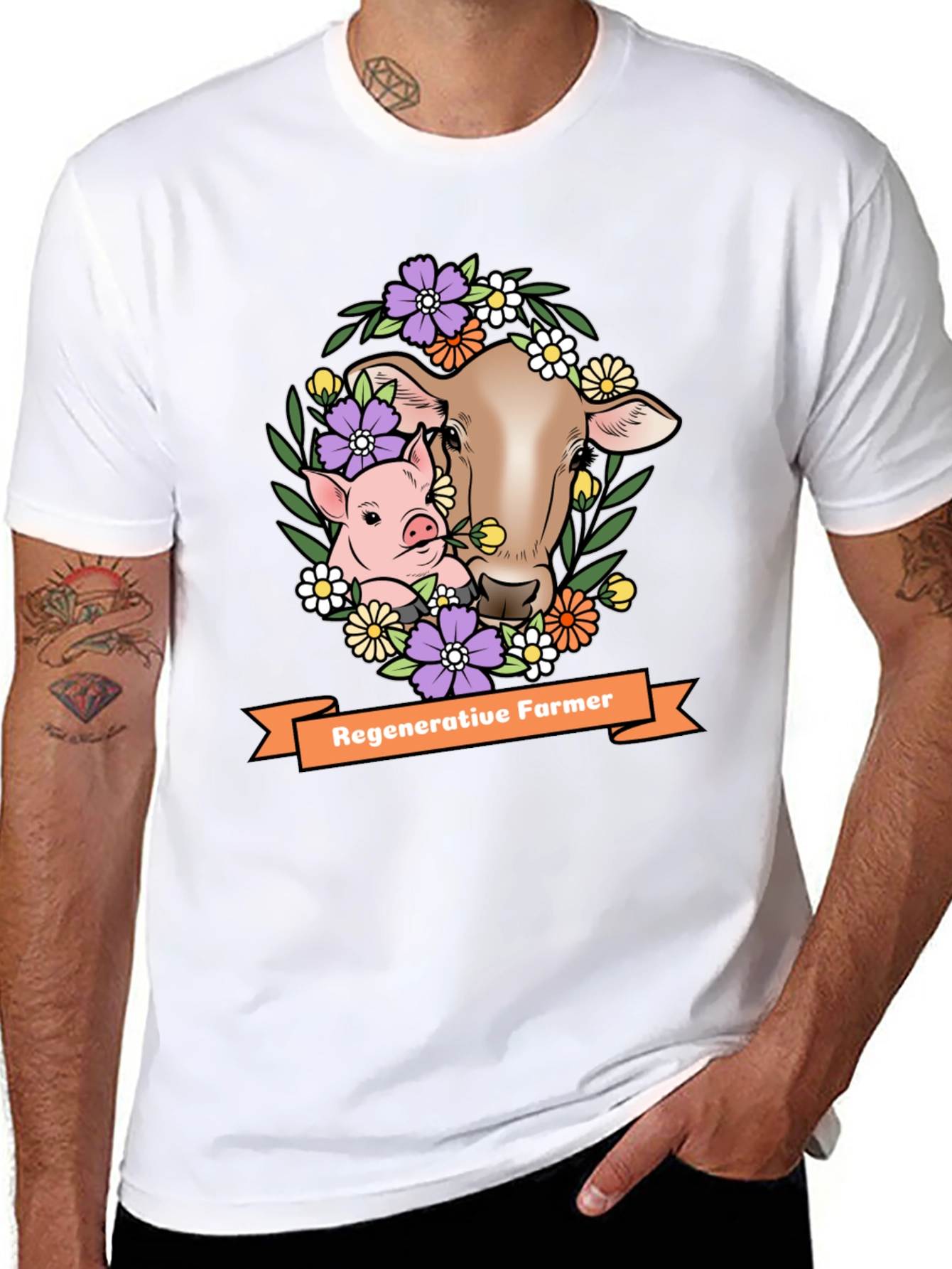 Regenerative Farmer T-Shirt: Cow & Pig Floral Design
