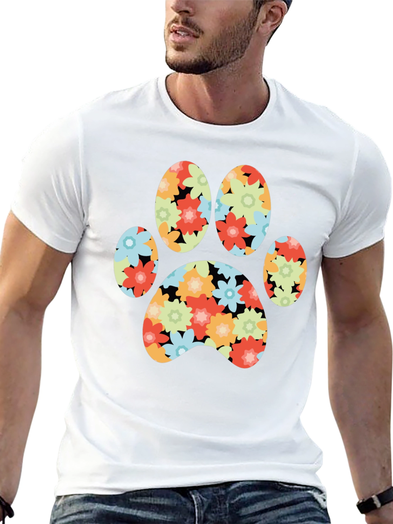 Floral Paw Print T-Shirt - Black