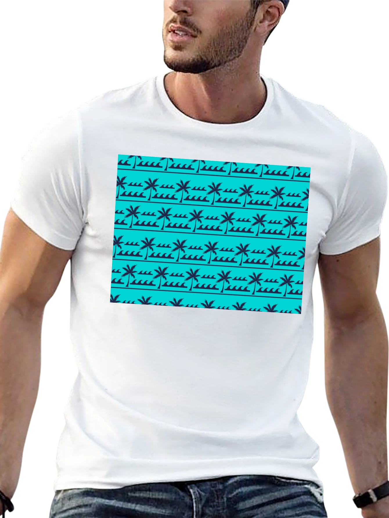 Tropical Palm Wave Pattern Black Tee