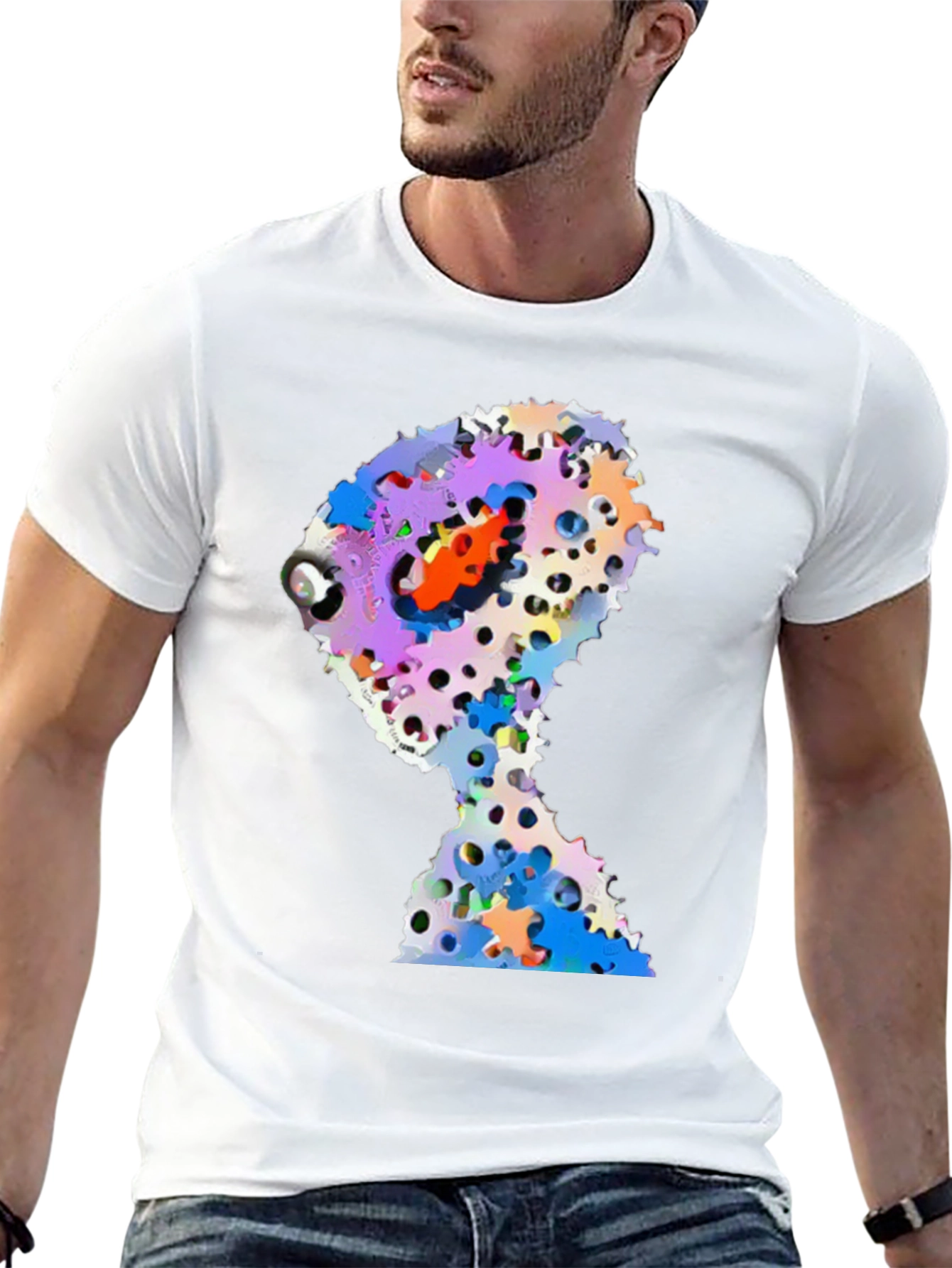 Abstract Gears Head Graphic Black Tee Shirt