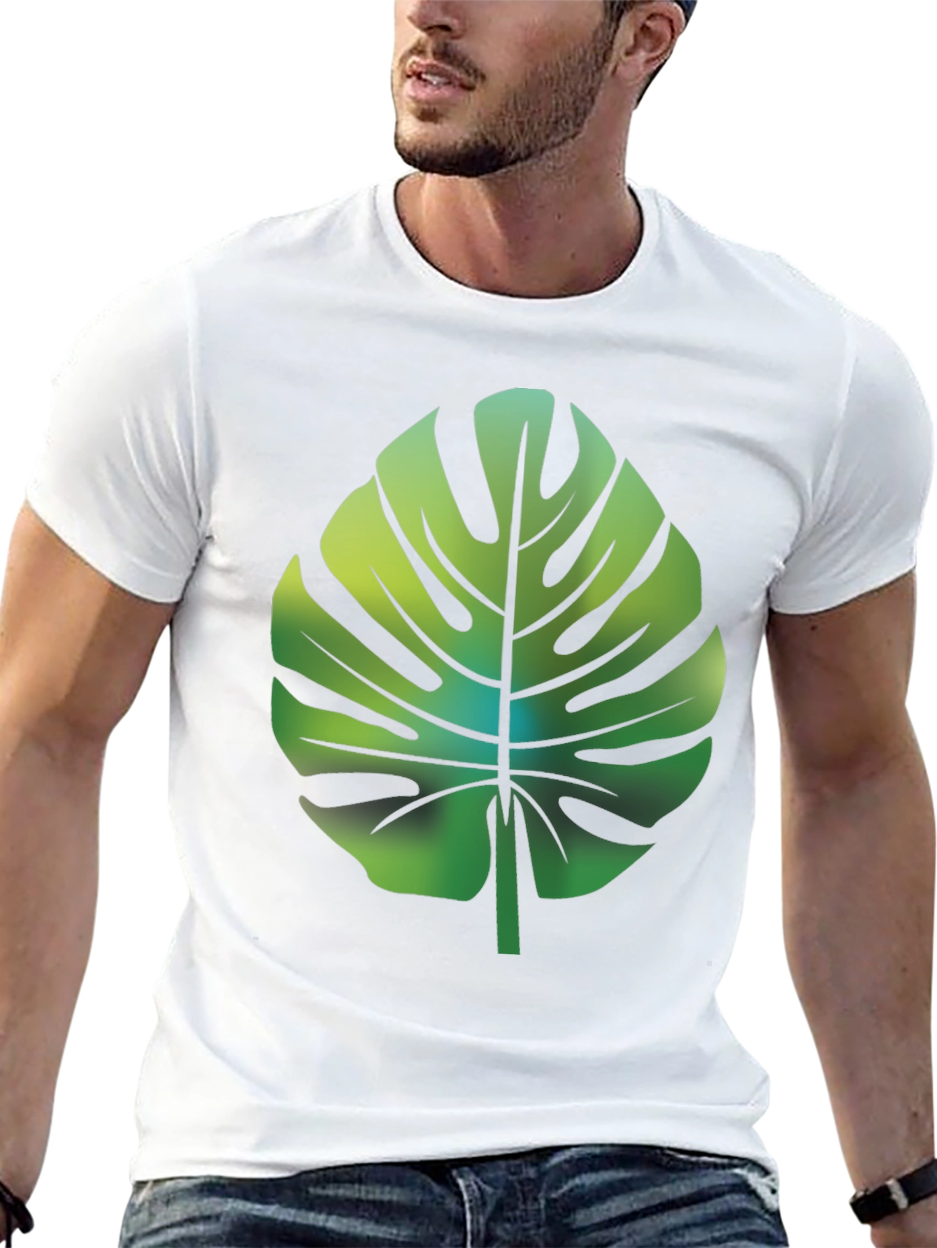 Tropical Monstera Leaf Graphic Tee - Black Cotton Blend