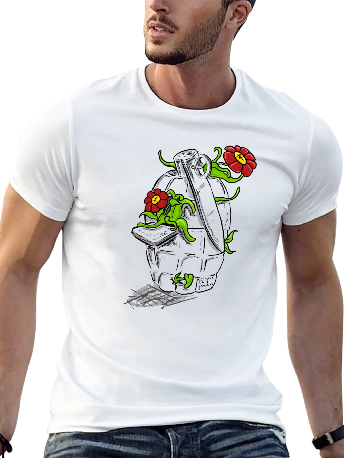 Floral Grenade Graphic Tee - Black Cotton T-Shirt