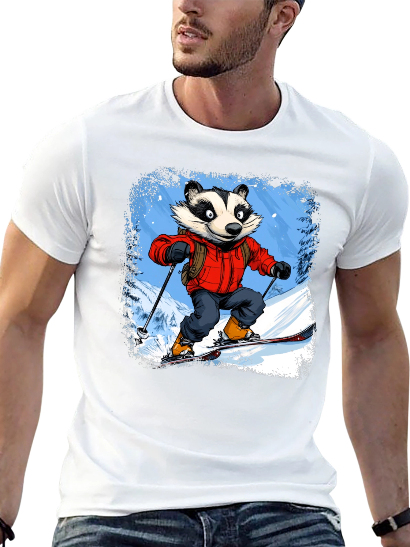 Skiing Badger Graphic Tee - Black Cotton Blend