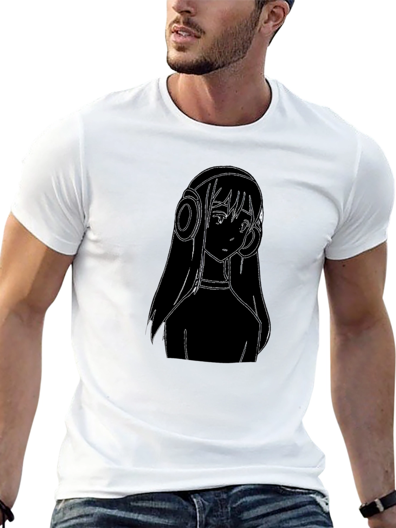 Anime Girl Headphones Graphic Tee - Black Cotton T-Shirt