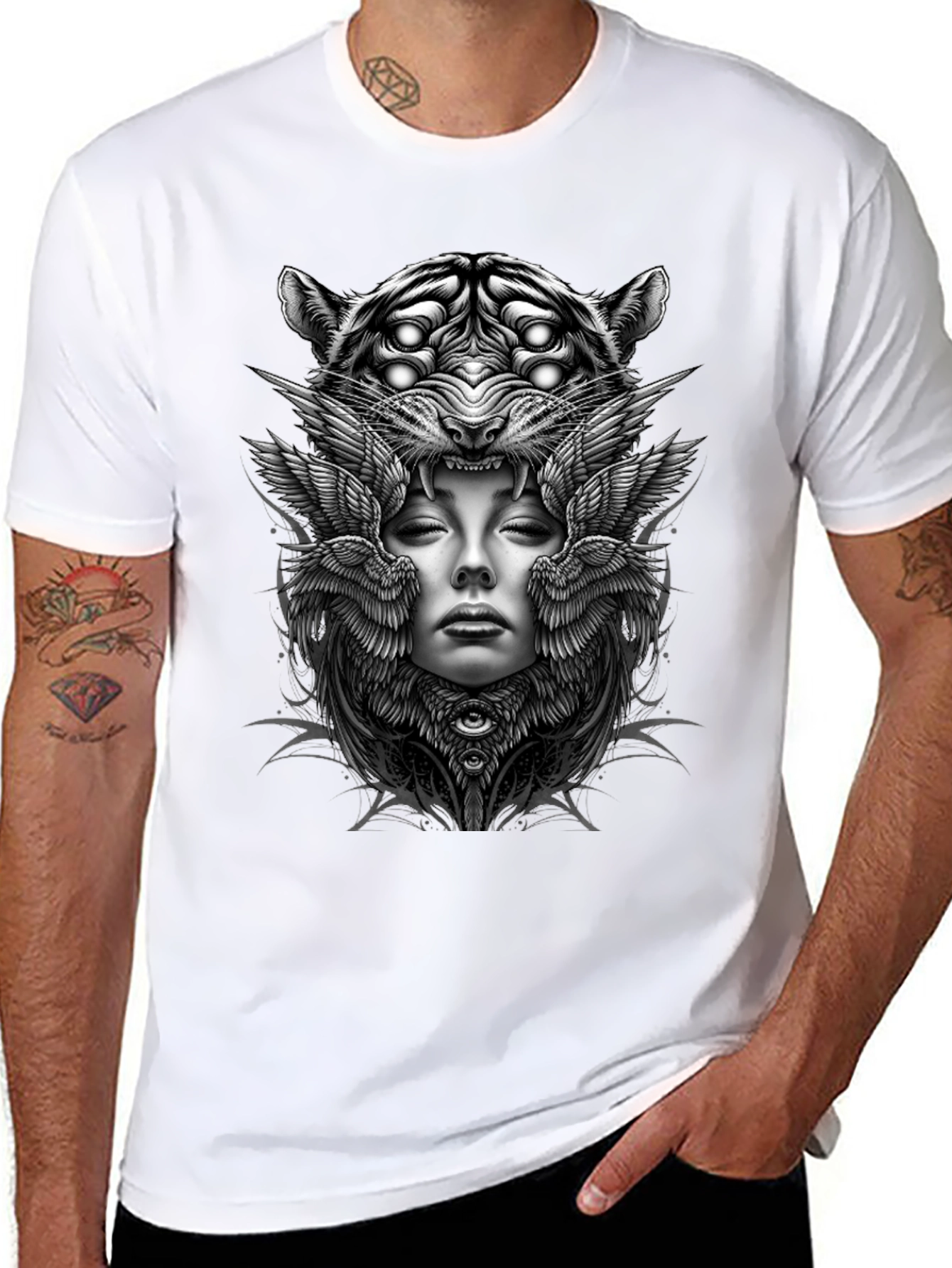 Graphic Print Black T-Shirt: Tiger Woman Wings Design