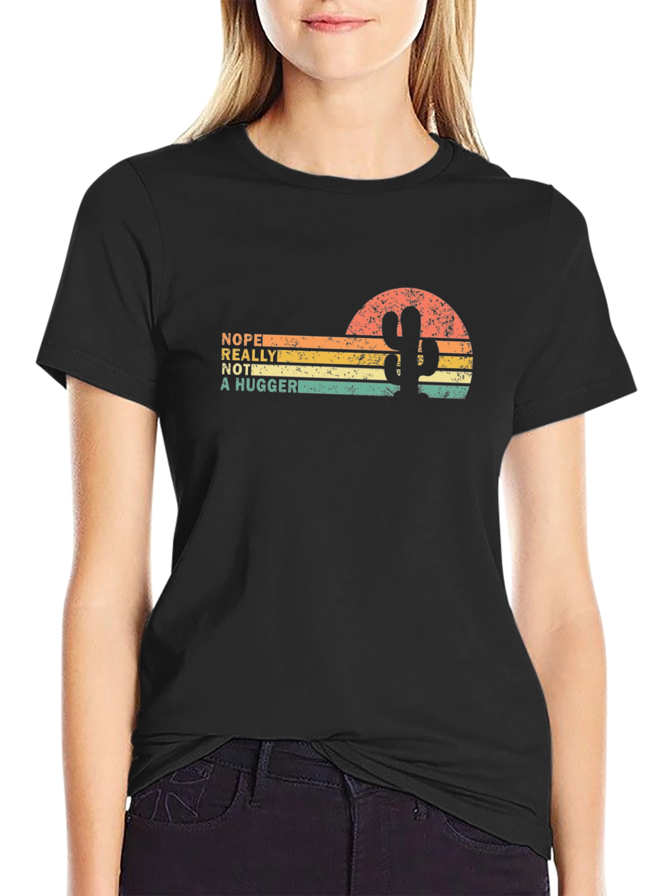 Nope Not a Hugger Cactus Graphic Tee - Black