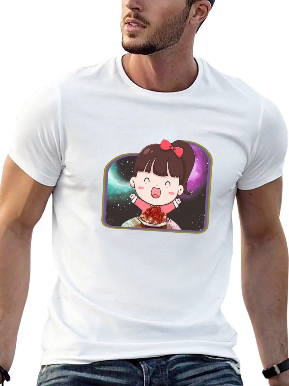 Cute Girl Spaghetti Galaxy Black T-Shirt