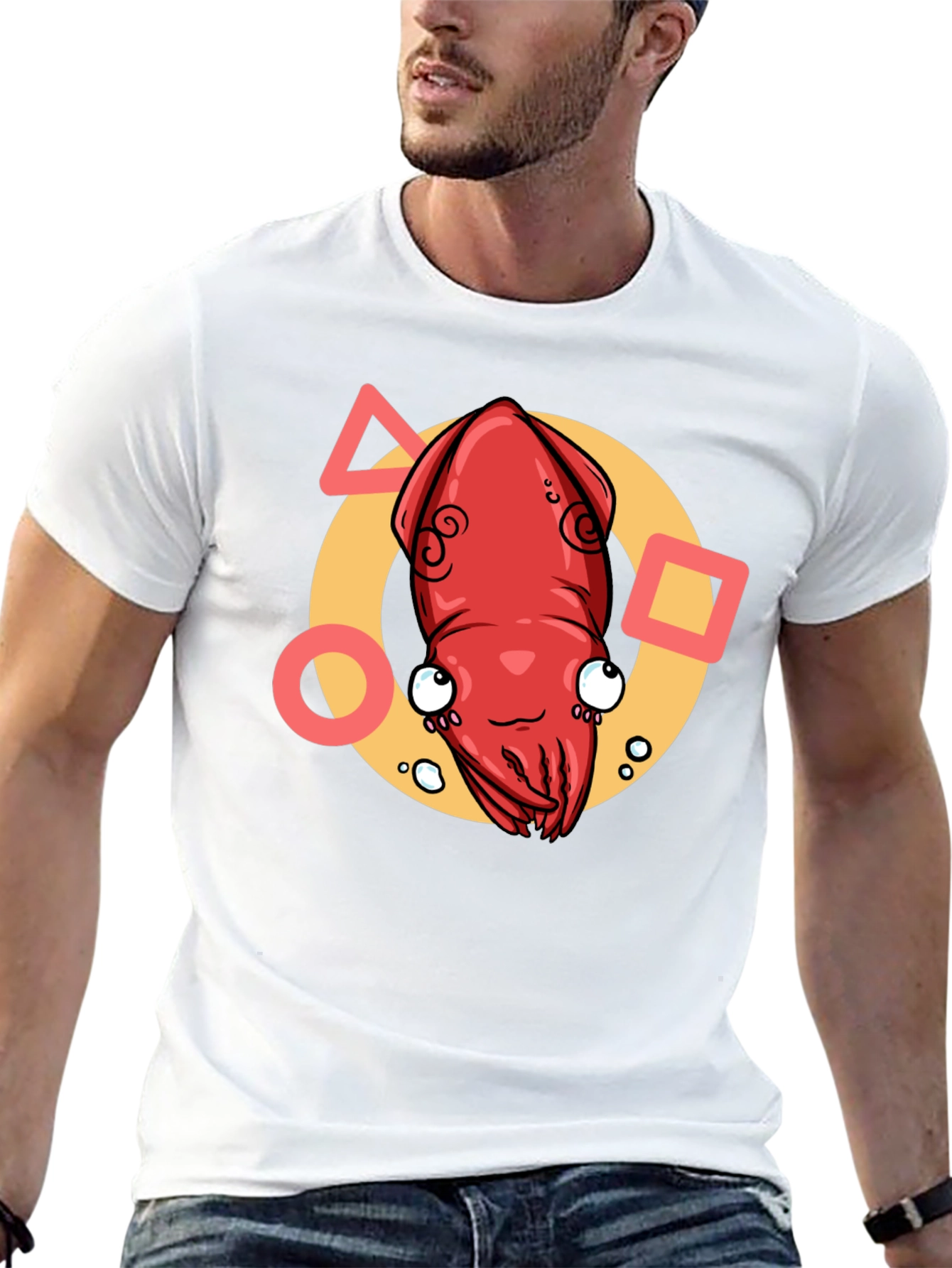 Cartoon Squid Graphic Tee - Black Crew Neck T-Shirt