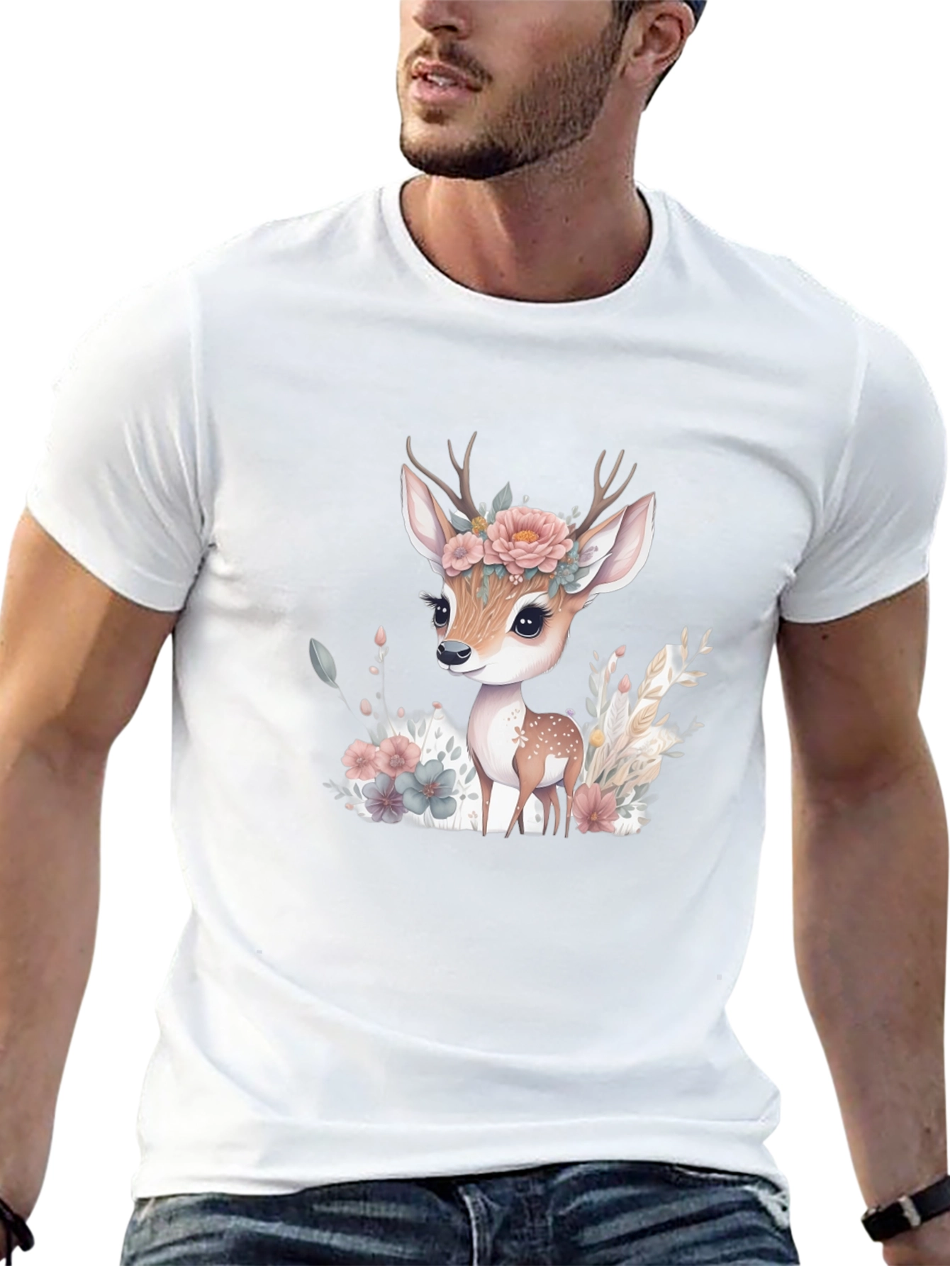 Floral Deer Graphic Tee - Mens Black T-Shirt