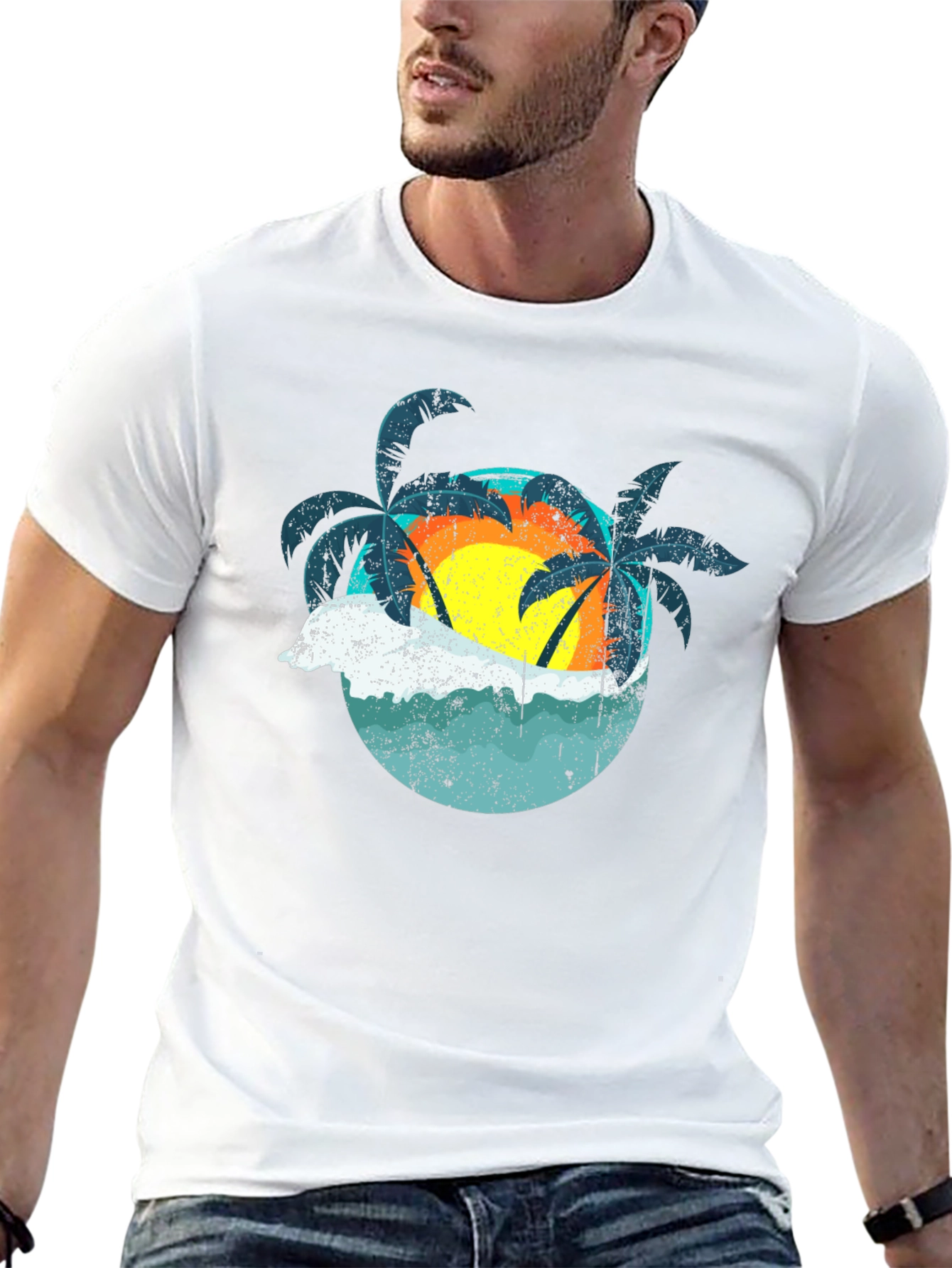 Retro Sunset Palms T-Shirt - Black