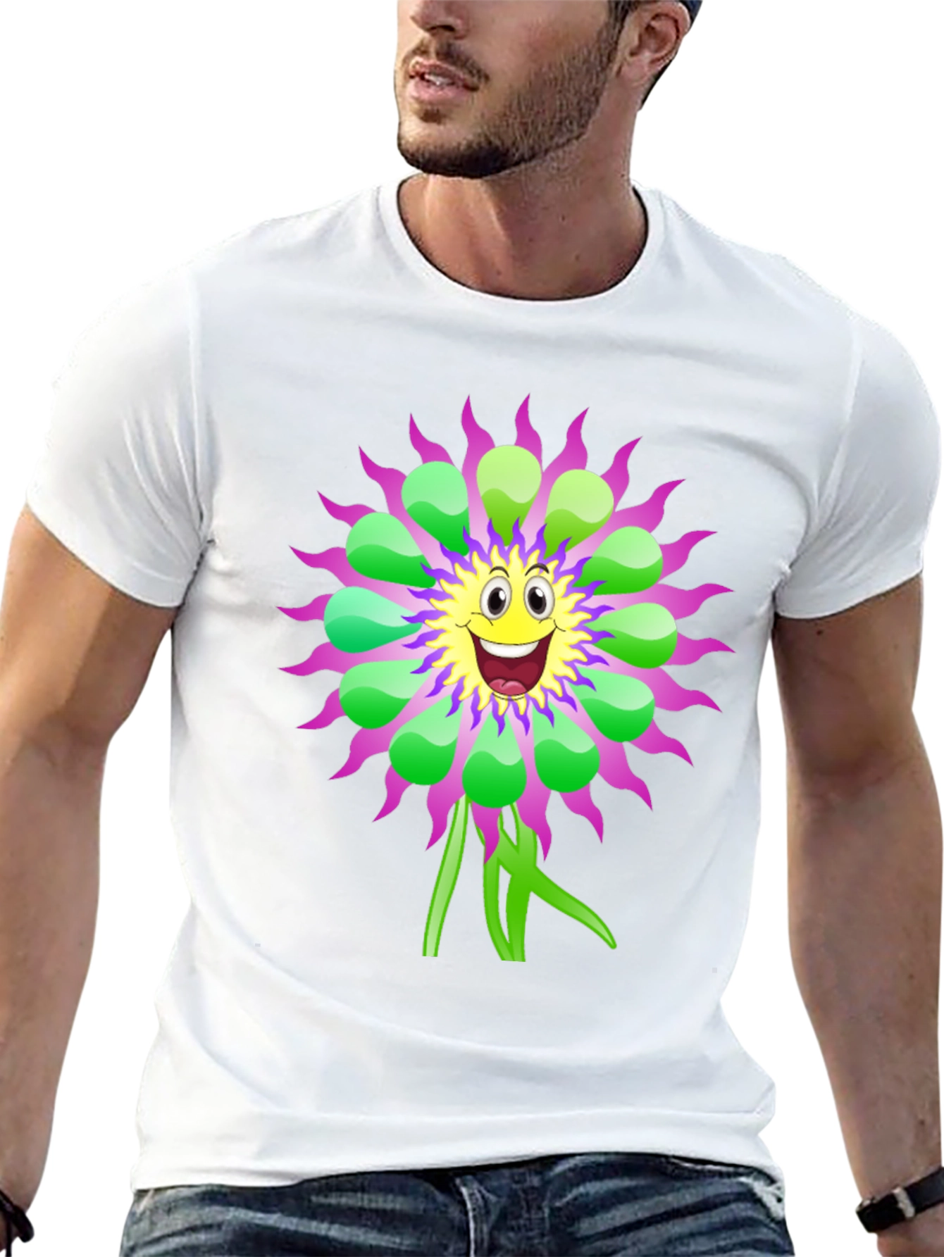 Whimsical Flower Graphic Tee - Black Cotton T-Shirt