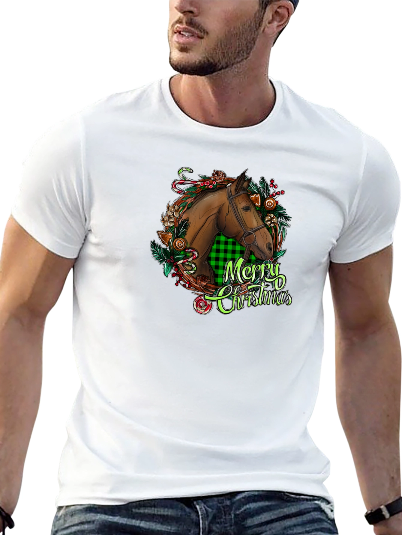Christmas Horse Head Graphic Tee - Holiday Gift