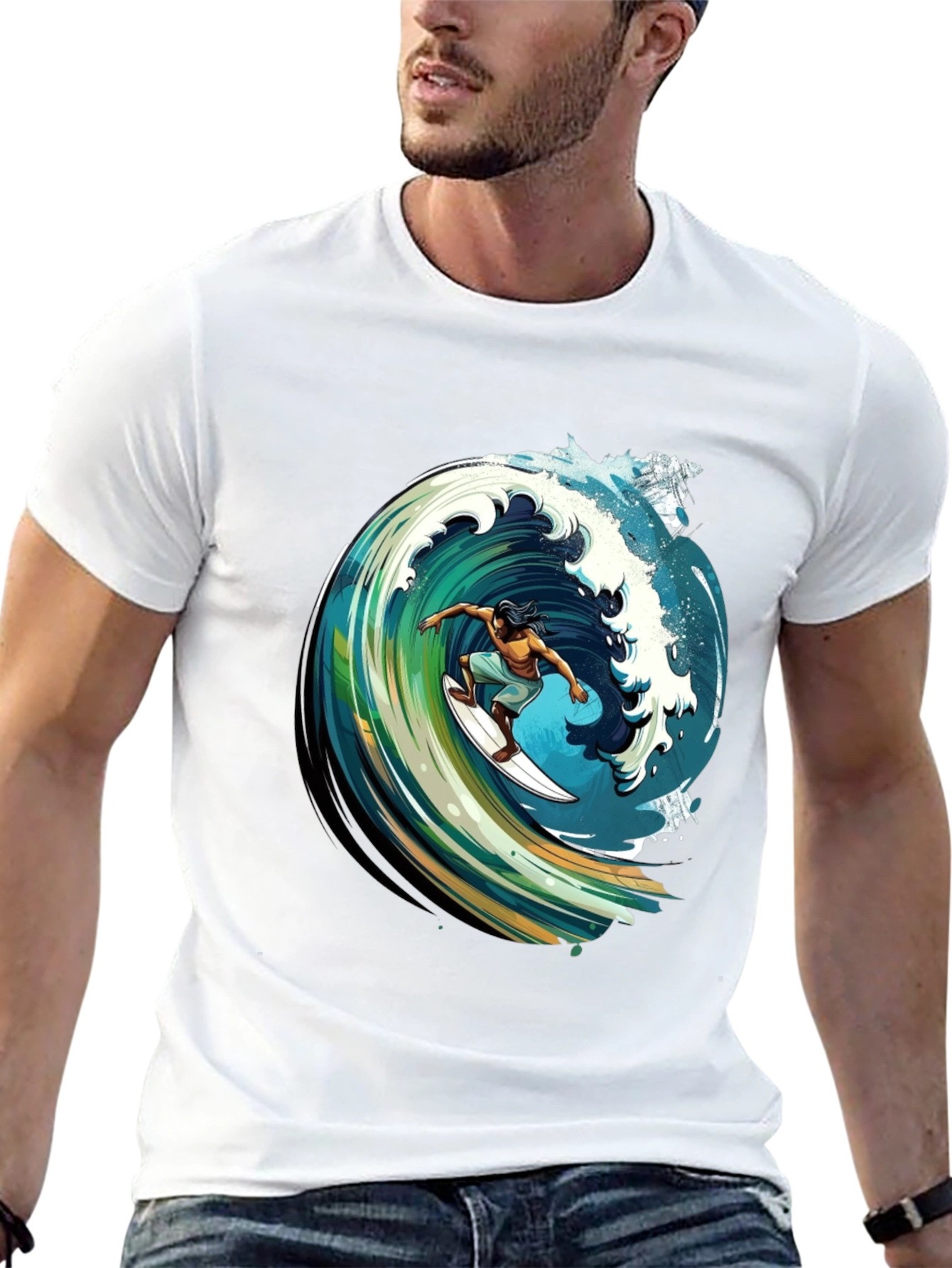 Surfer Wave Graphic Tee - Black Cotton Comfort