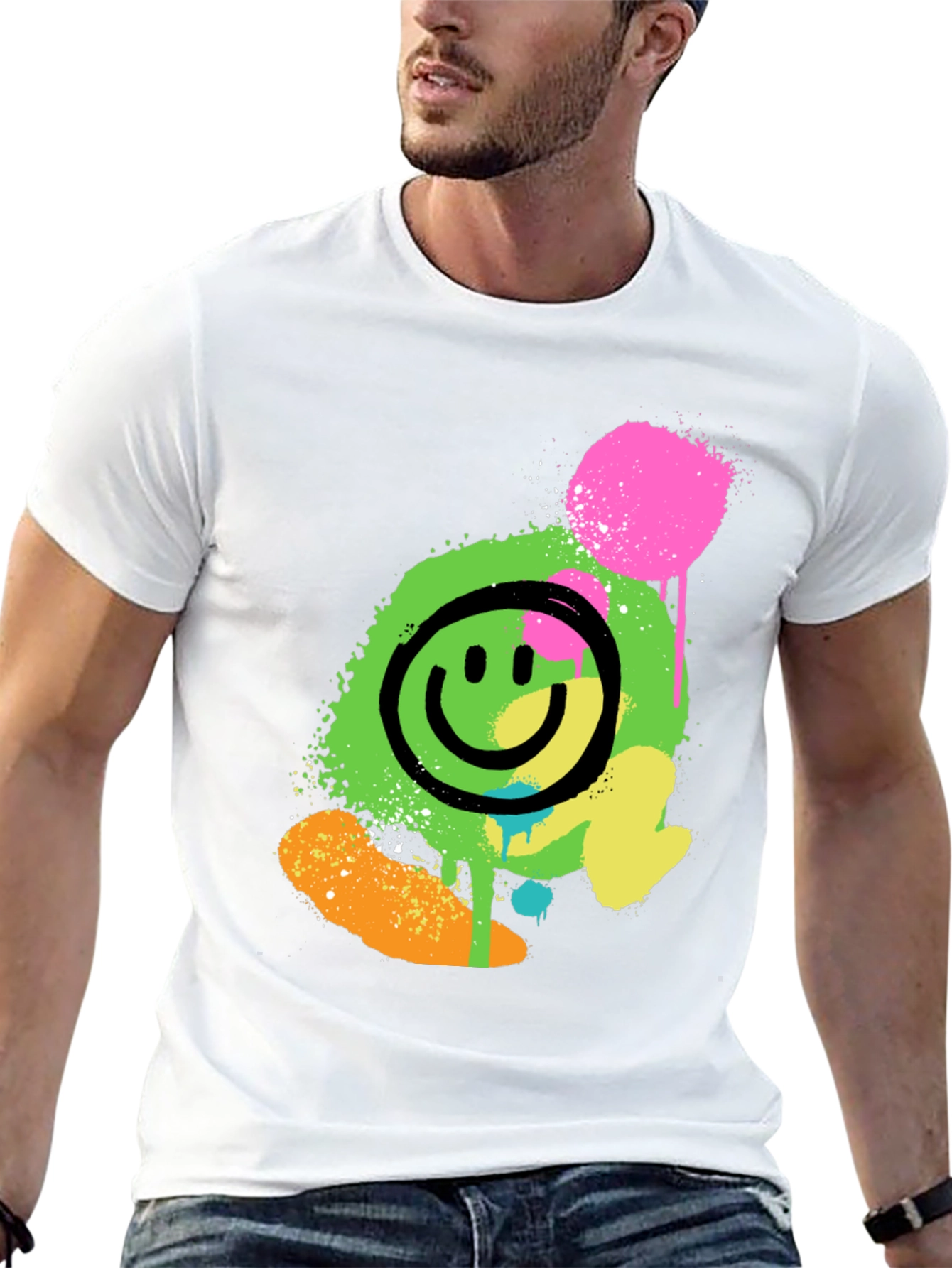 Neon Smiley Graphic Print Black T-Shirt