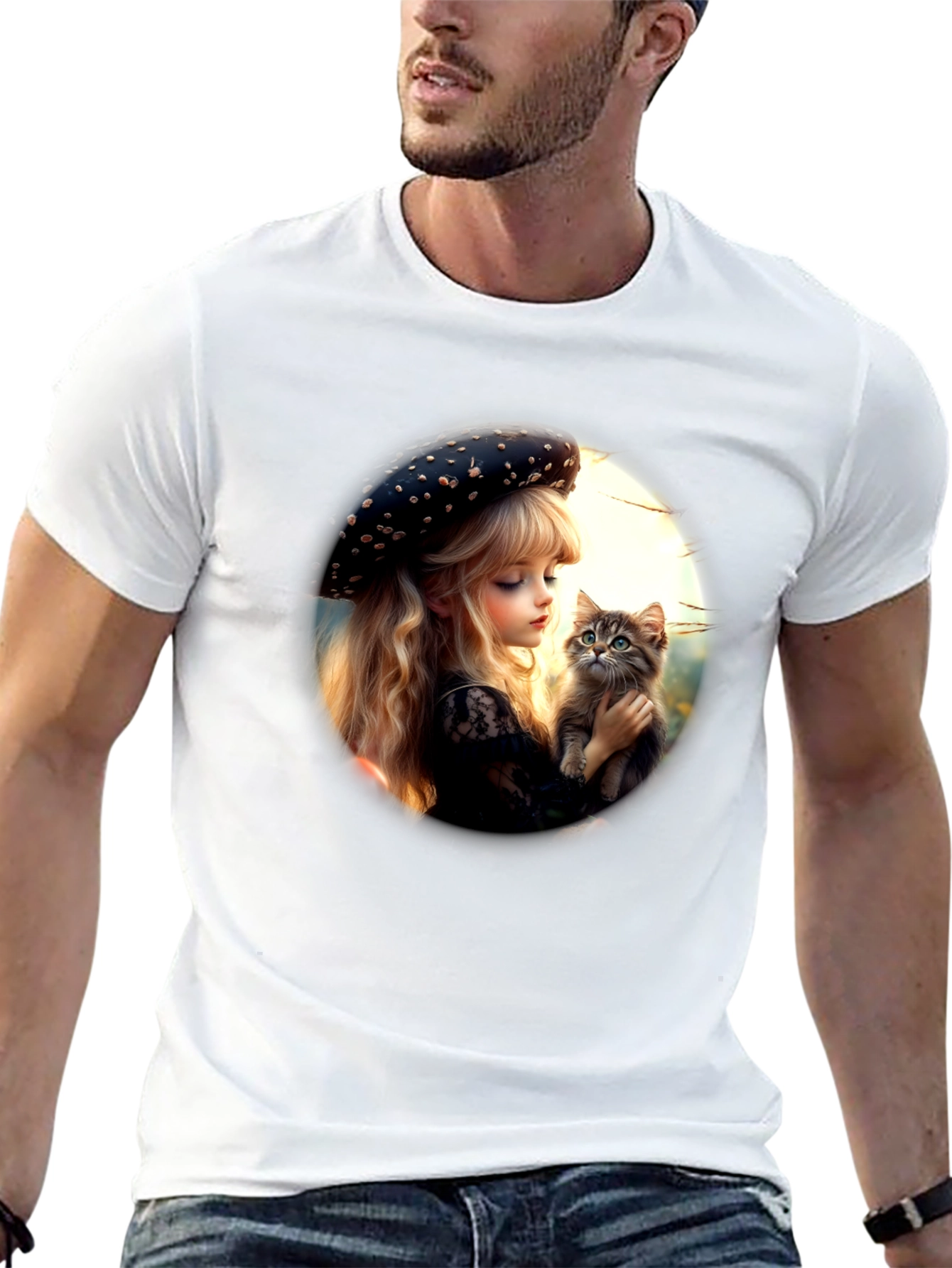 Girl and Kitten Black Graphic Tee