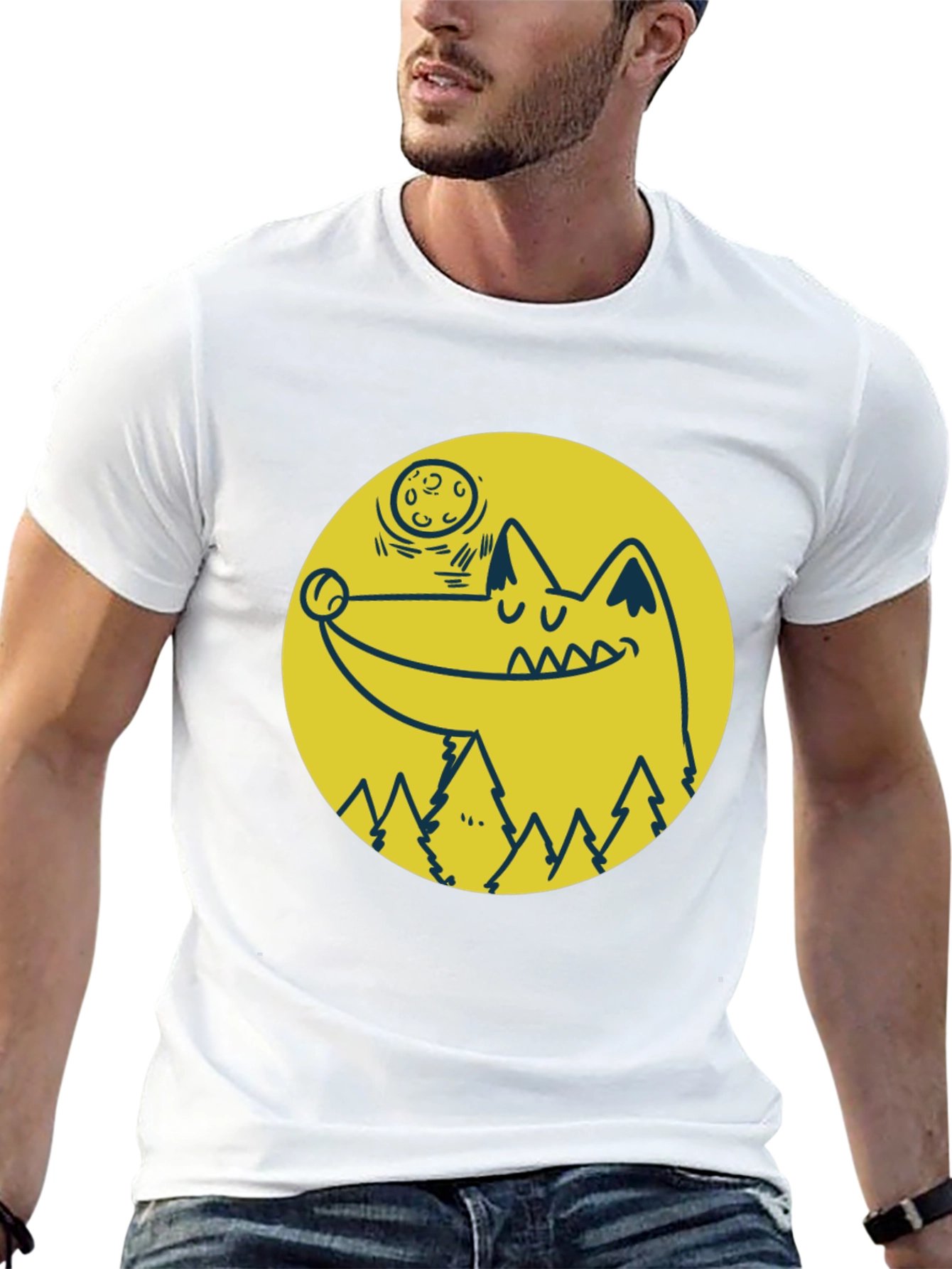 Wolf & Moon Graphic Tee - Black Cotton T-Shirt