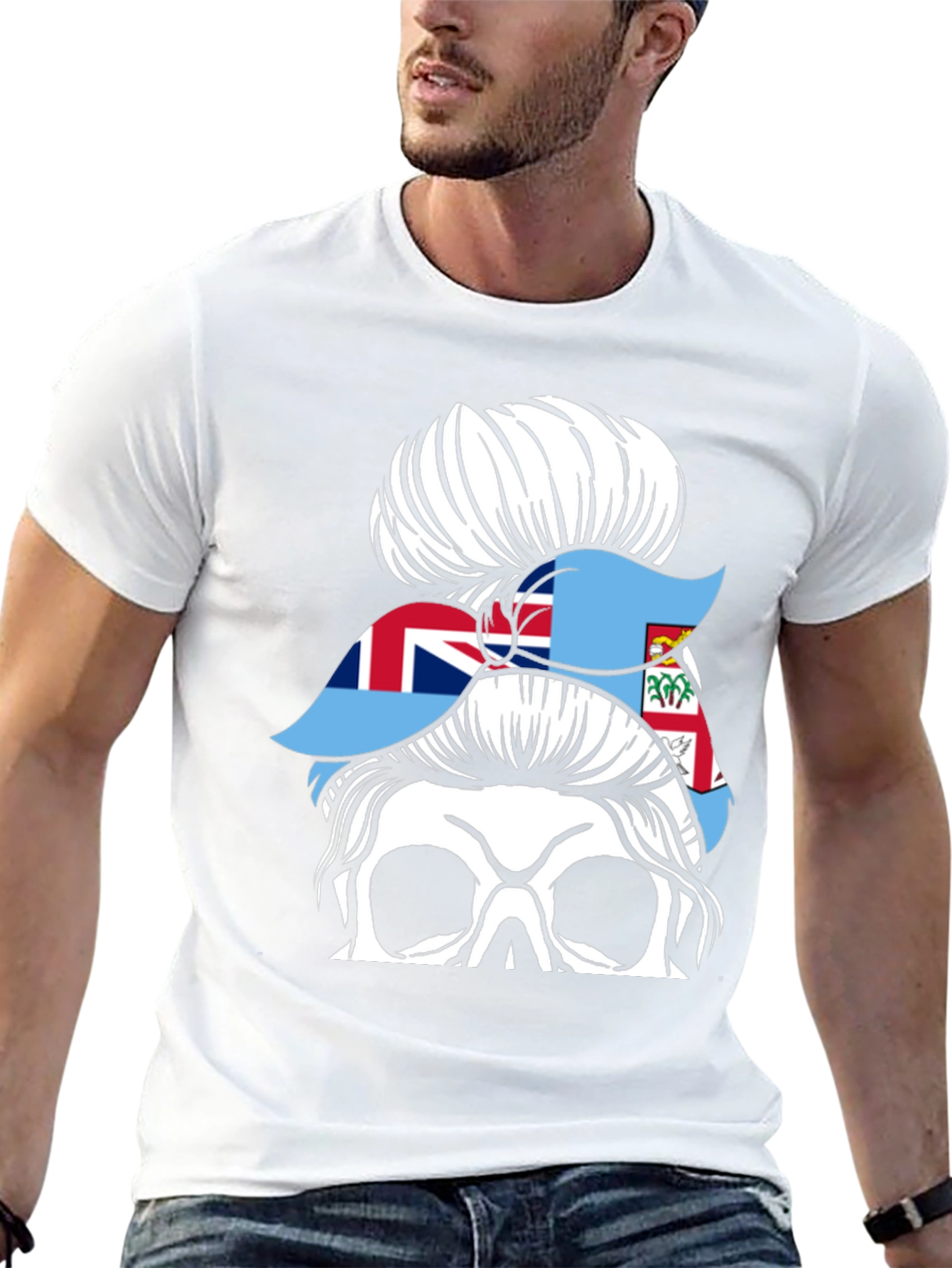 Fiji Flag Messy Bun Skull T-Shirt