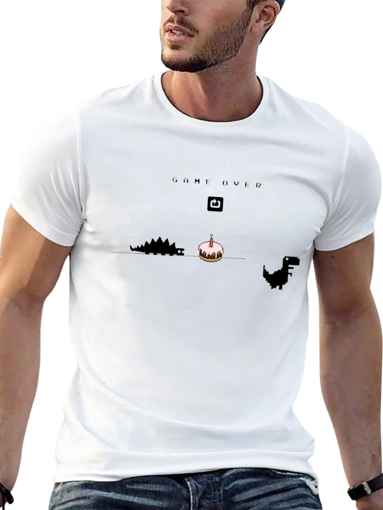 Game Over Birthday T-Shirt - Pixel Dinosaur Cake Design
