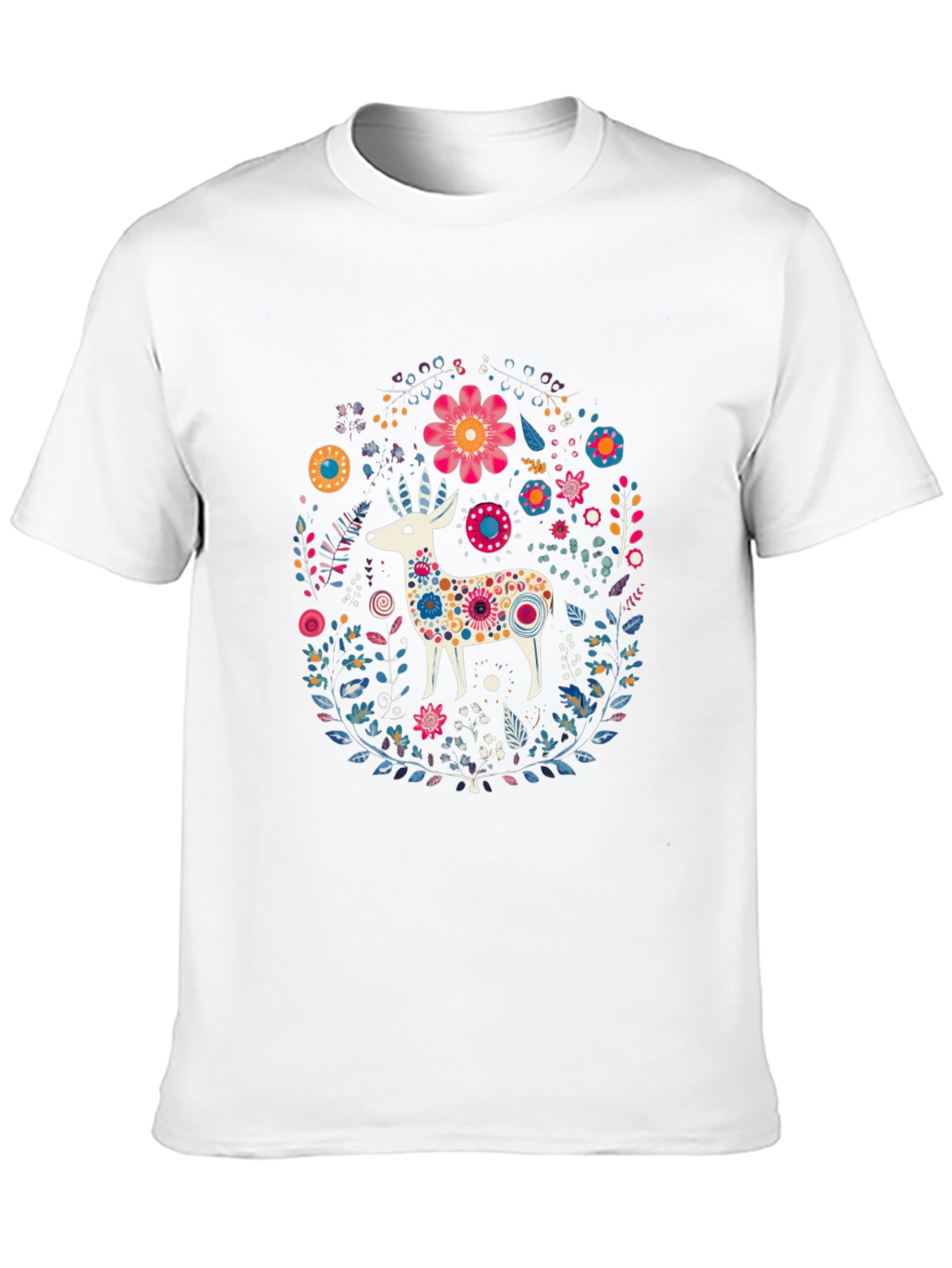 Floral Deer Graphic Tee - Black Cotton T-Shirt