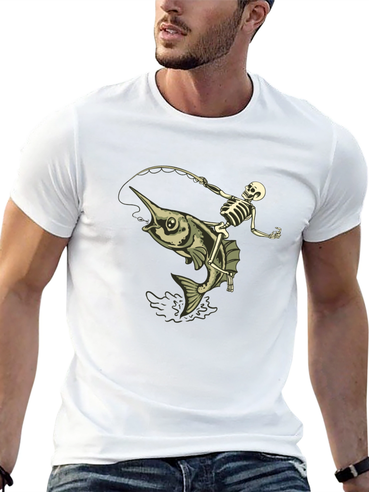 Skeleton Fishing Marlin T-Shirt - Black Cotton