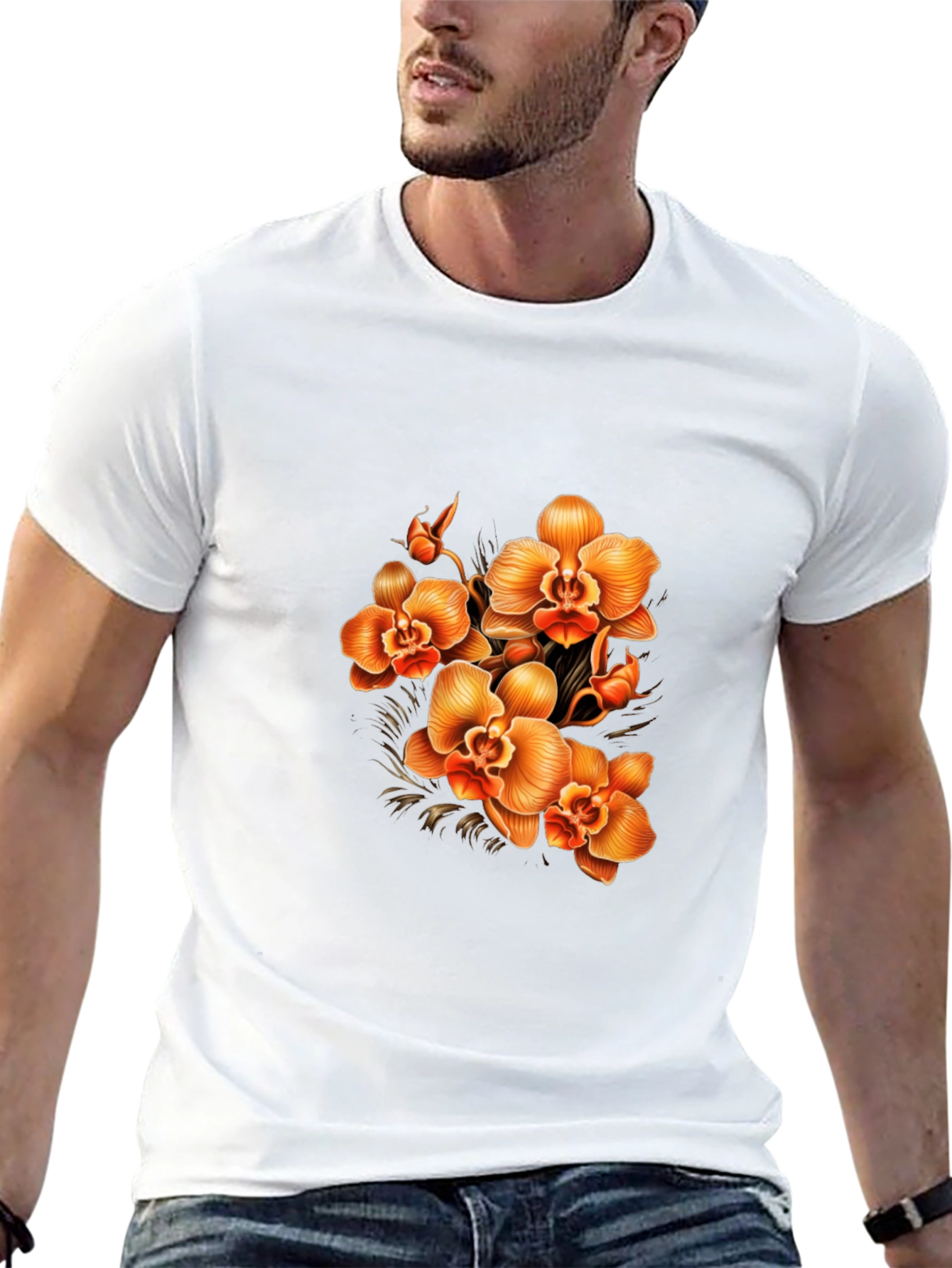 Orchid Floral Print Black T-Shirt