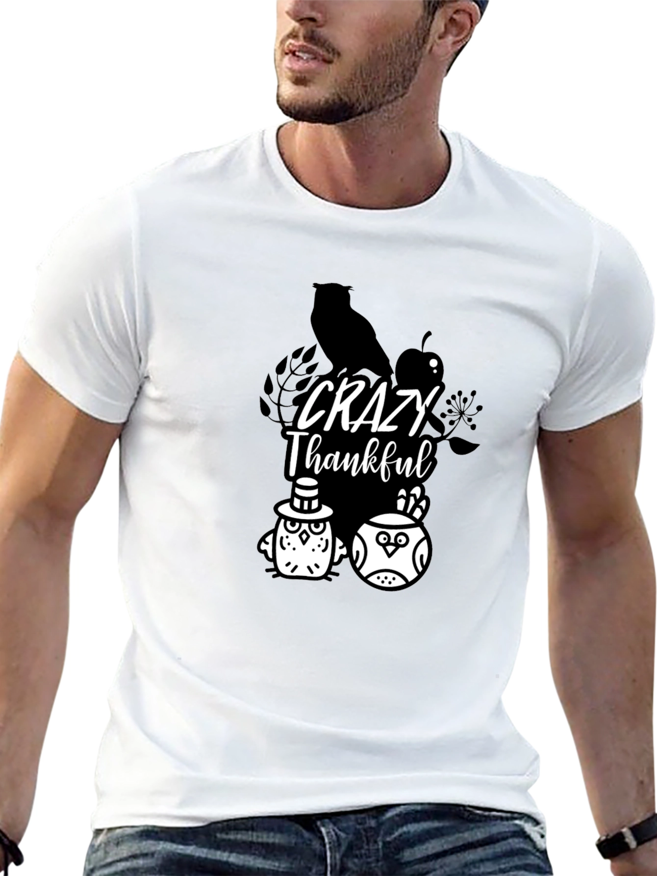 Crazy Thankful Owl Graphic Black T-Shirt