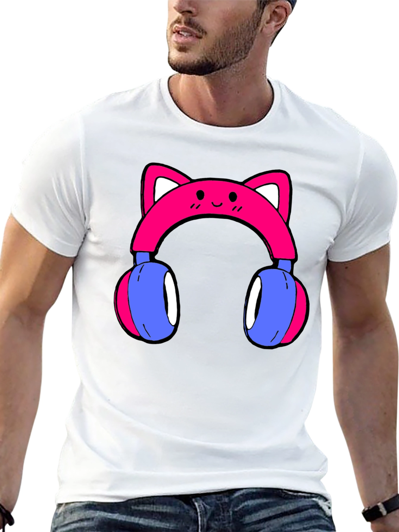 Cute Cat Ear Headphones Graphic Tee - Black