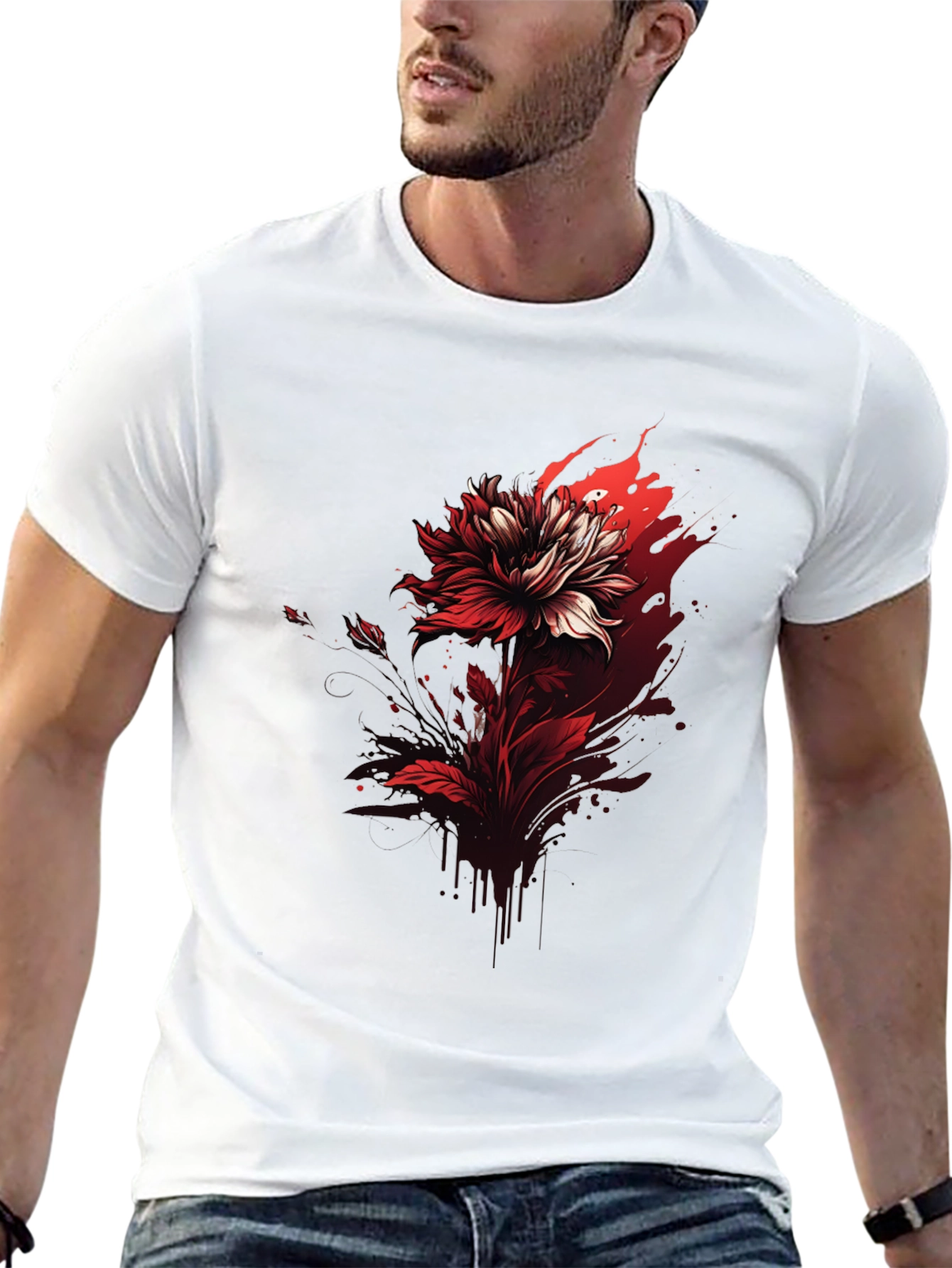 Red Floral Graphic Tee - Bold Black T-Shirt