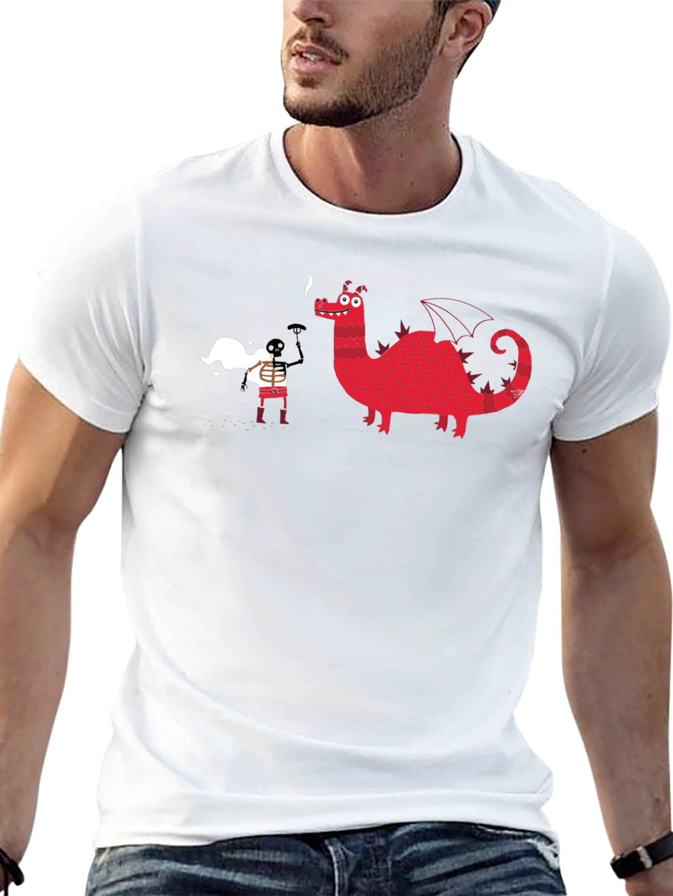 Black Graphic Tee - Dragon & Skeleton Print