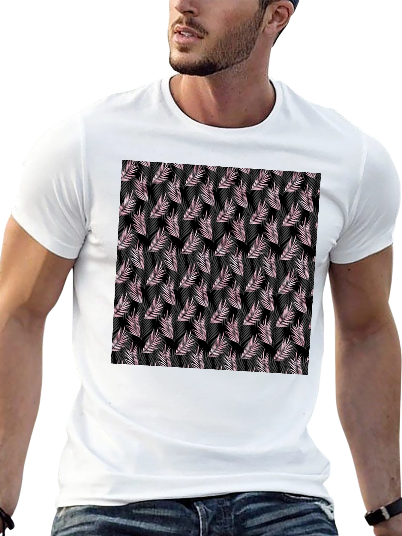 Tropical Leaf Pattern Black T-Shirt