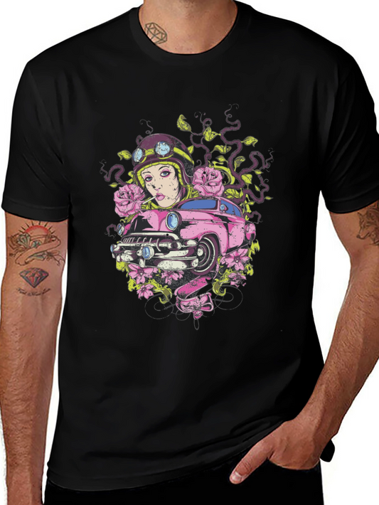 Vintage Car Girl Graphic Tee - Cool Black T-Shirt
