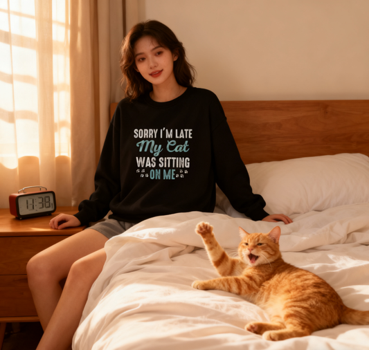 Playful Cat Lover "Sorry I’m Late My Cat Was Sitting On Me" Graphic Sweatshirt