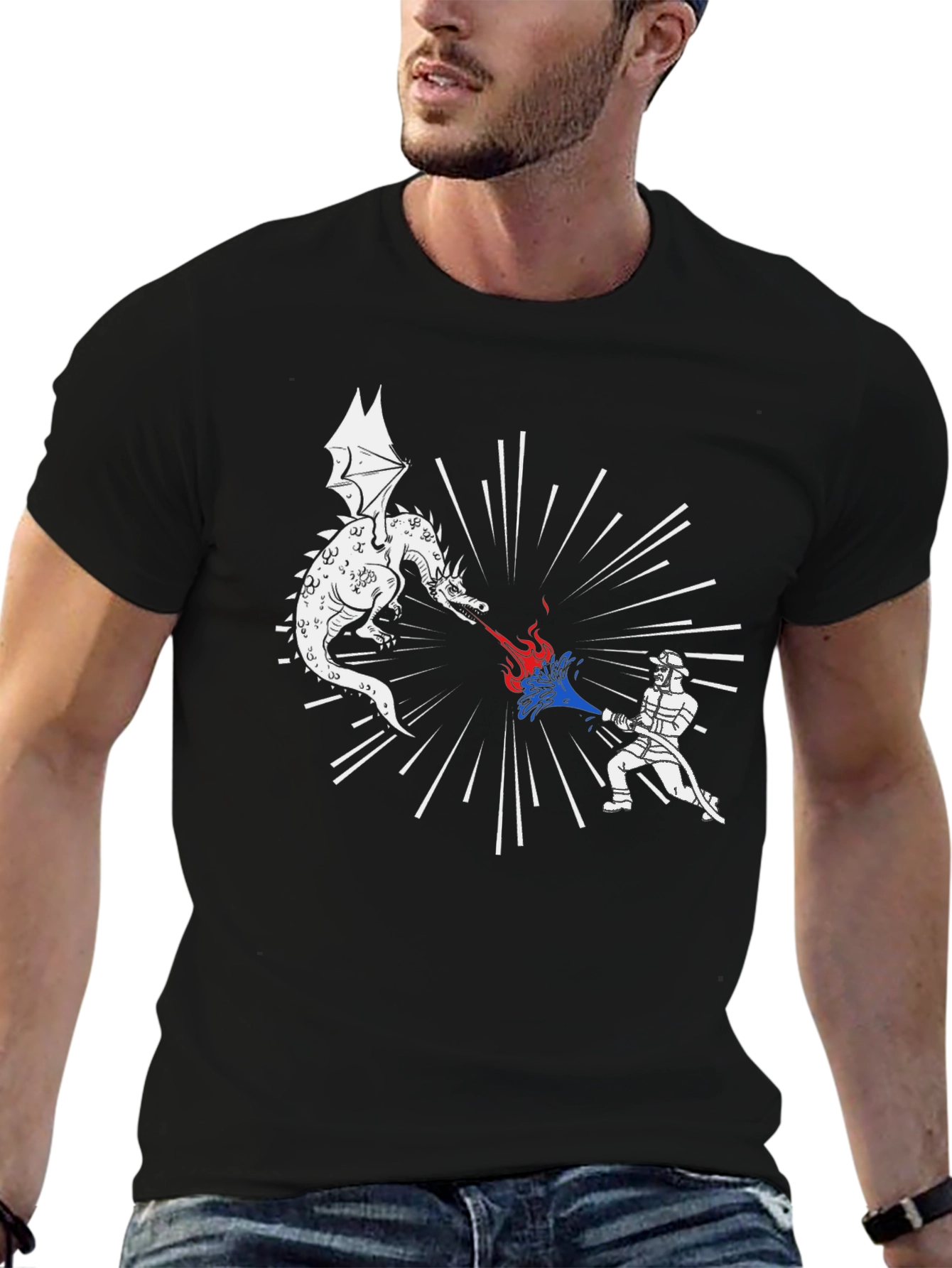 Dragon vs Firefighter Black Graphic Tee