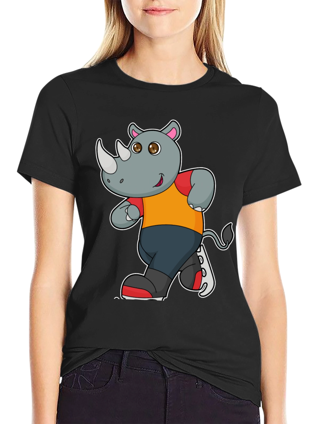 Rhino Cartoon Graphic T-Shirt - Black Cotton Tee