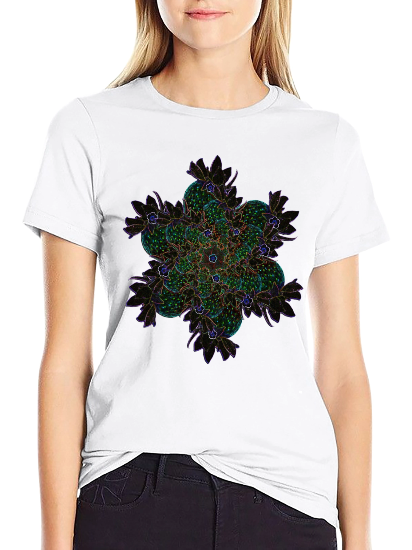 Abstract Floral Mandala Graphic Tee - Black