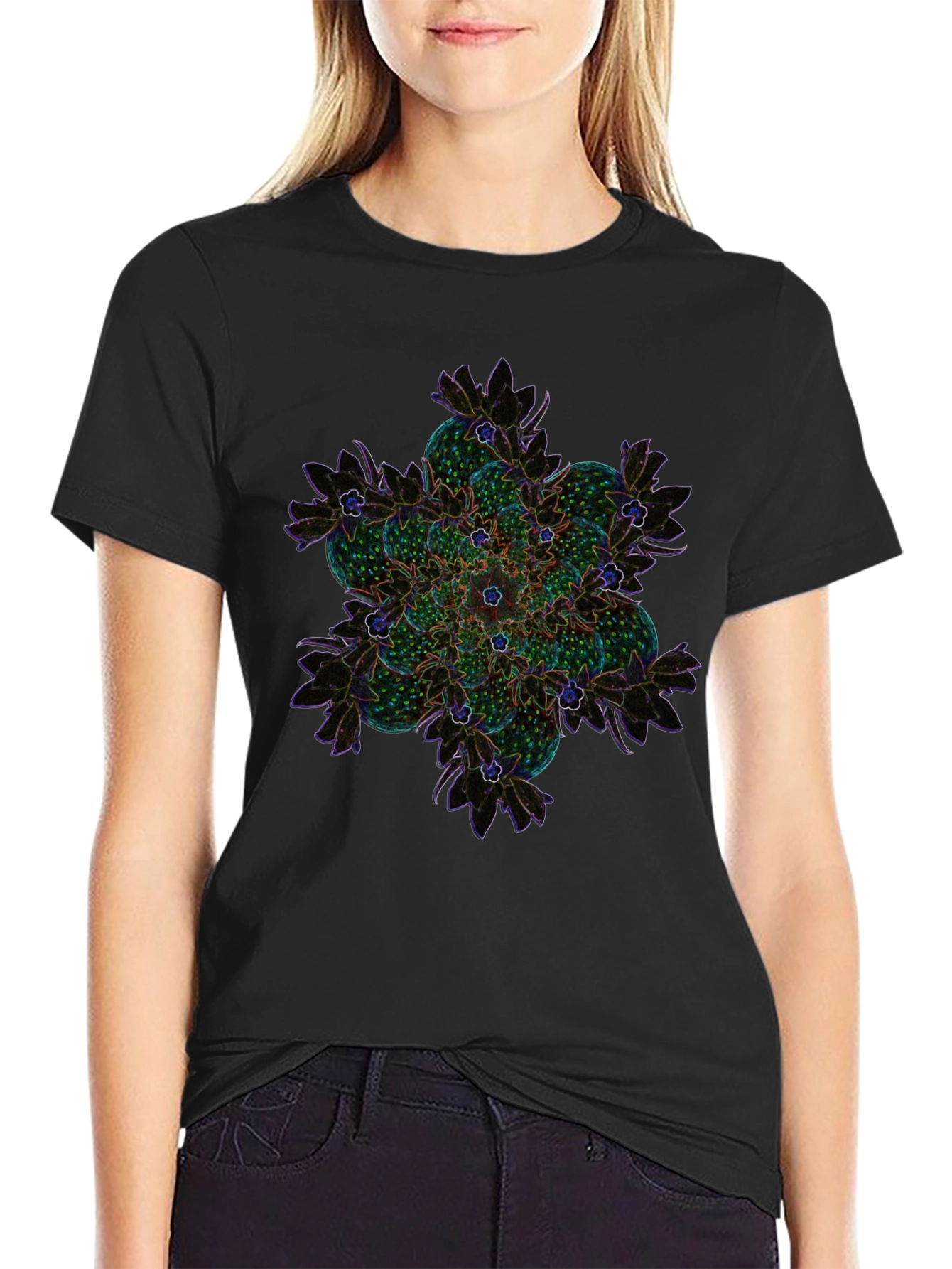 Abstract Floral Mandala Graphic Tee - Black