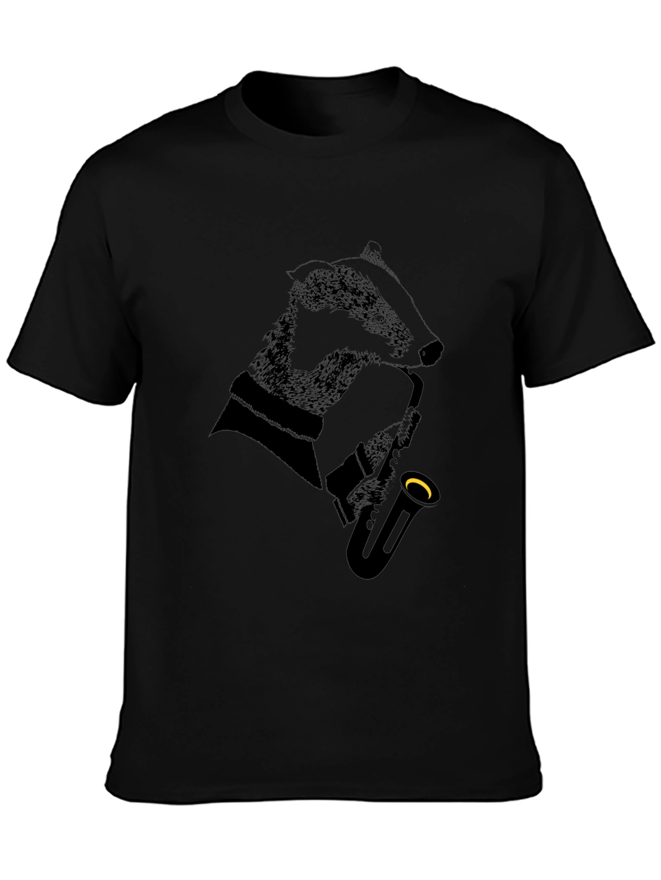 Jazz Badger Black T-Shirt - Cool Animal Saxophone Design