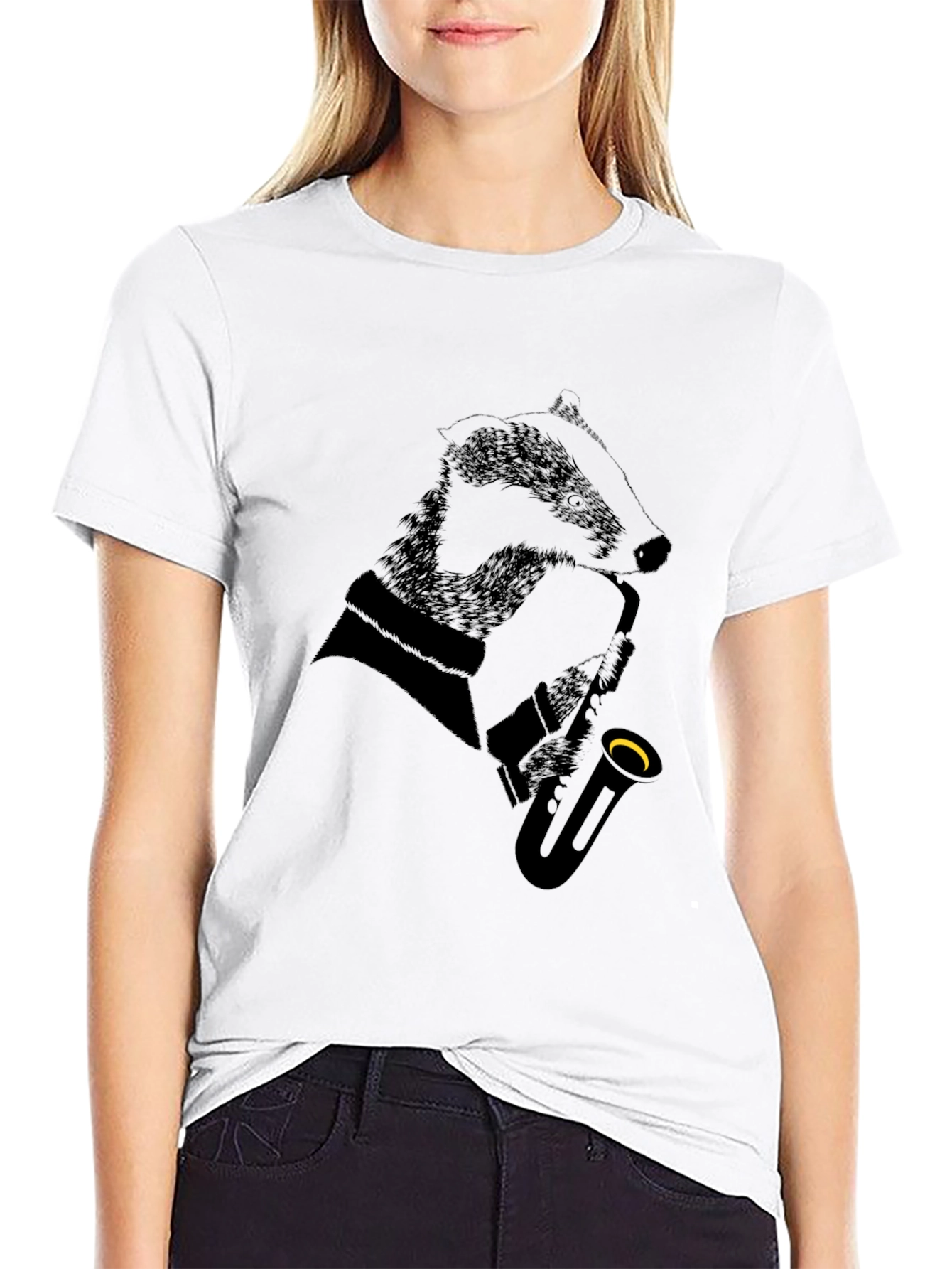 Jazz Badger Black T-Shirt - Cool Animal Saxophone Design
