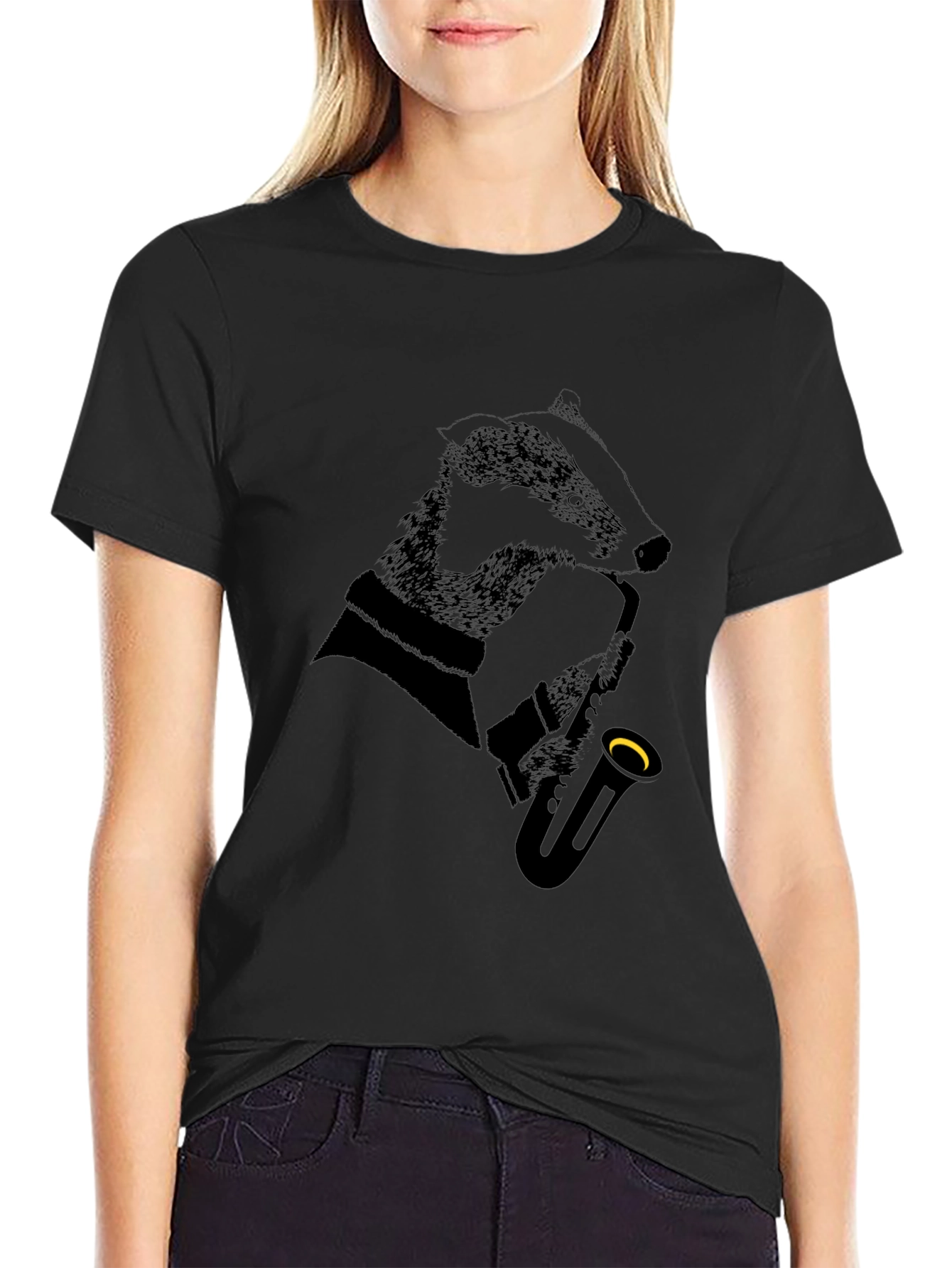 Jazz Badger Black T-Shirt - Cool Animal Saxophone Design