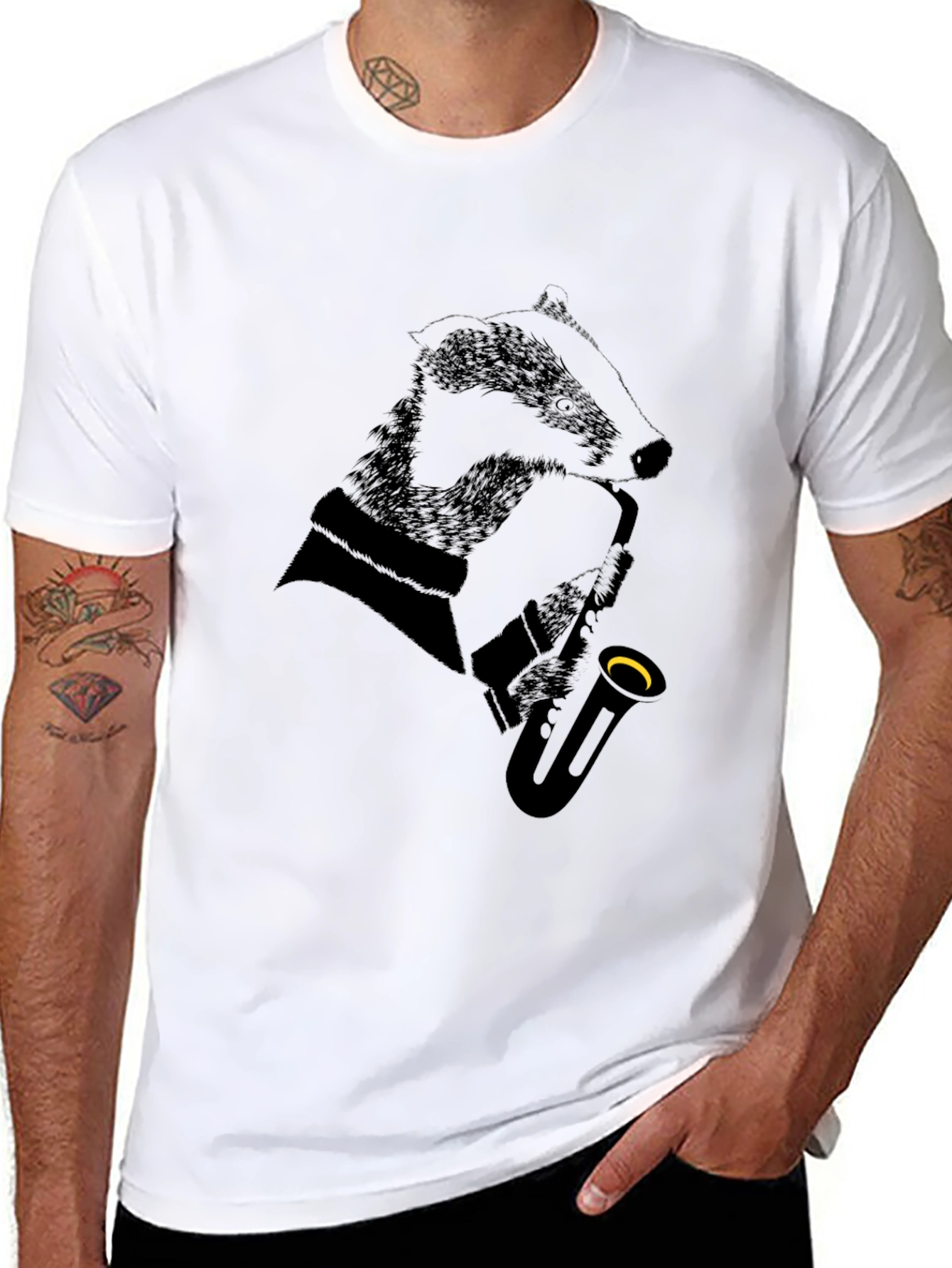 Jazz Badger Black T-Shirt - Cool Animal Saxophone Design