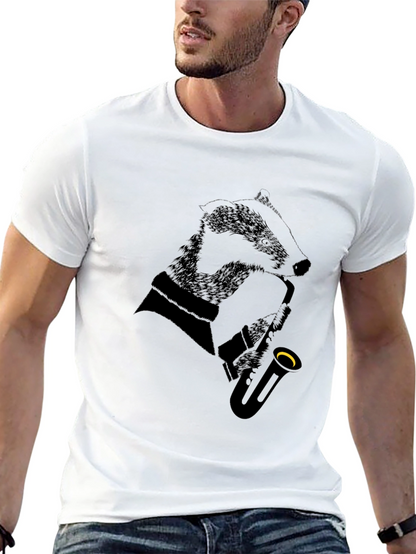 Jazz Badger Black T-Shirt - Cool Animal Saxophone Design