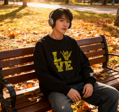 Streetwear-Inspired LOVE Hand Sign Sweatshirt – Black & Yellow Statement Piece