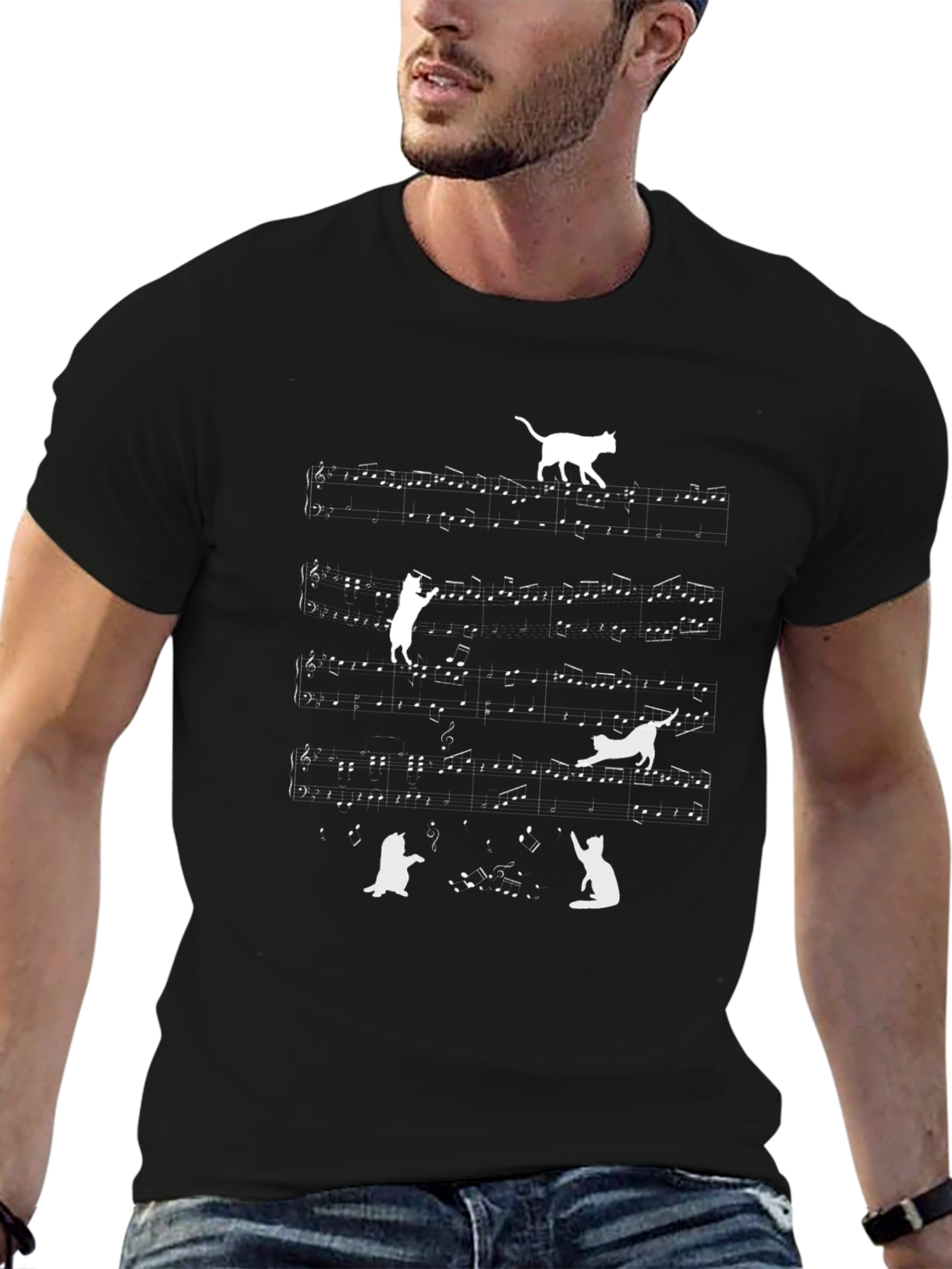 Cat Music Notes T-Shirt - Black Crew Neck Tee