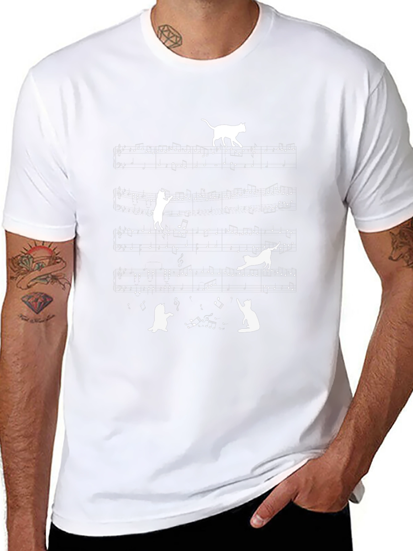 Cat Music Notes T-Shirt - Black Crew Neck Tee