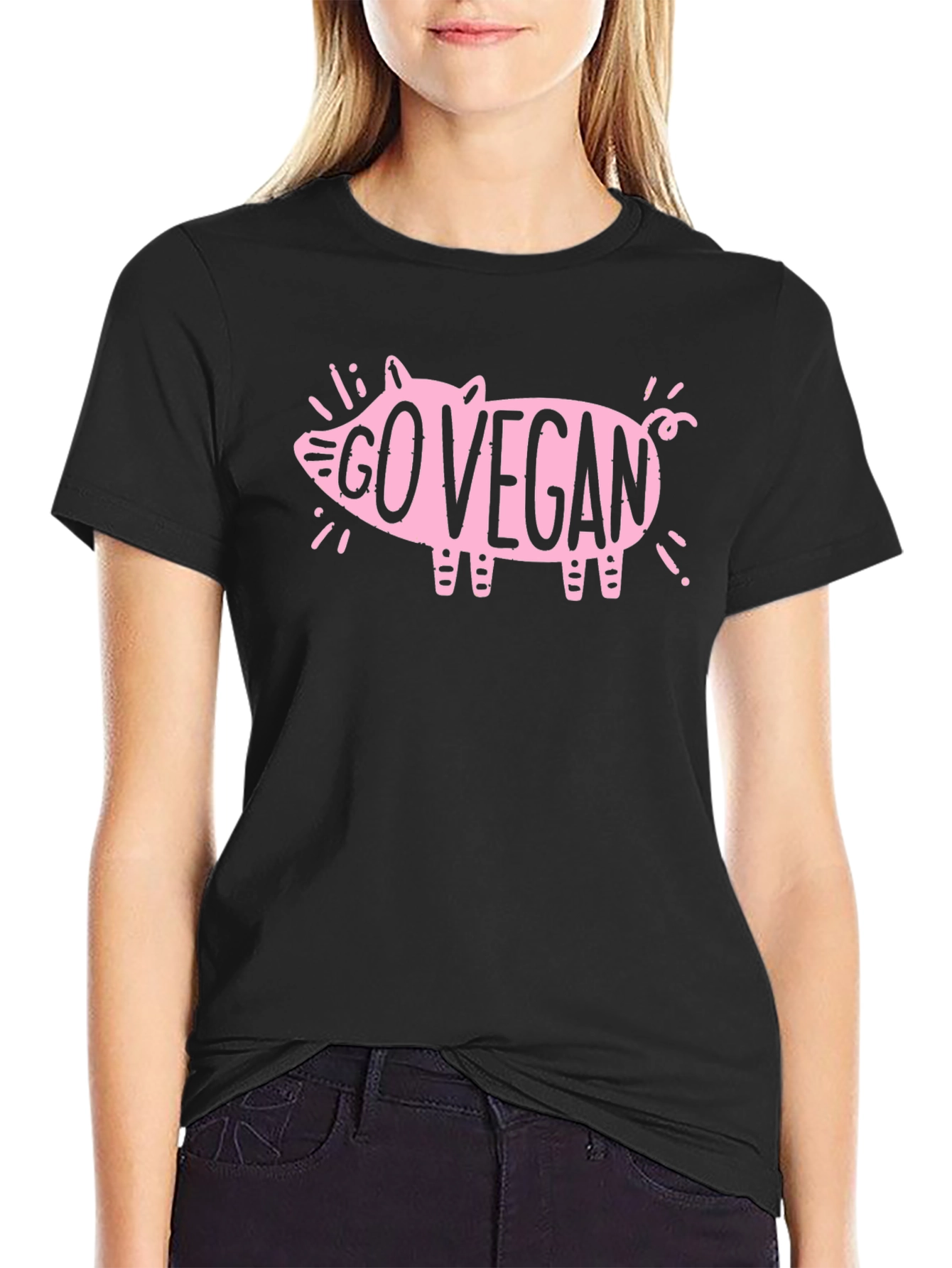 Go Vegan Pig Graphic T-Shirt - Black