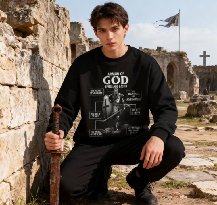 Faith-Focused "Armor of God" Symbolic Graphic Sweatshirt