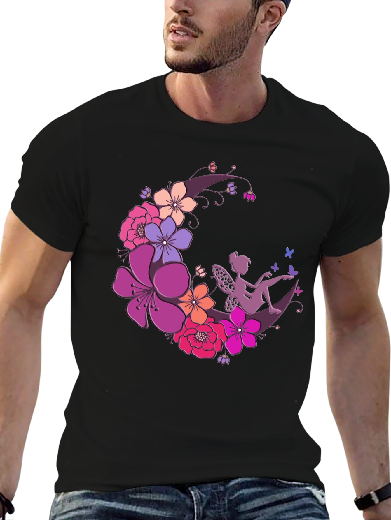 Floral Fairy Moon Black T-Shirt