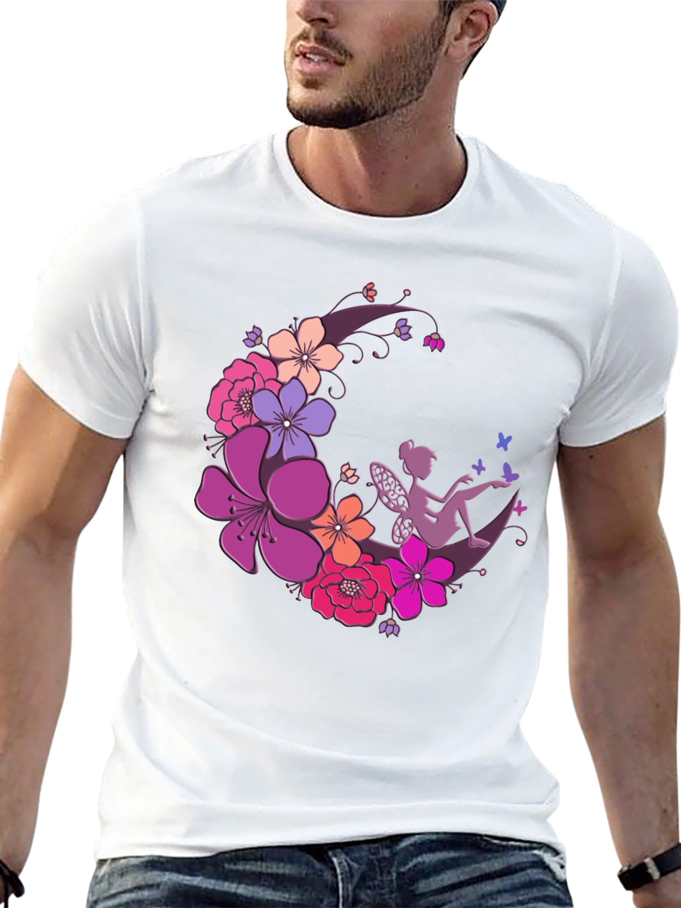 Floral Fairy Moon Black T-Shirt
