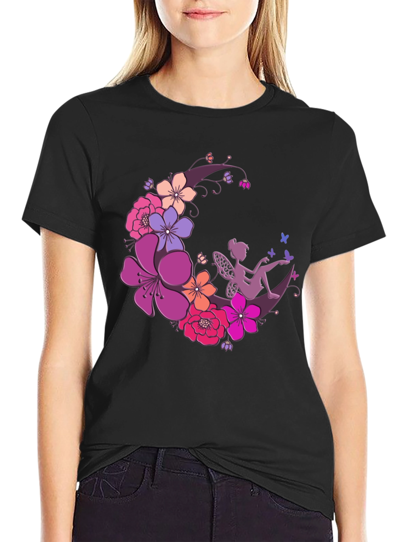 Floral Fairy Moon Black T-Shirt
