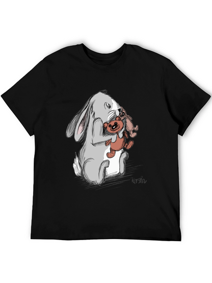 Rabbit Hugging Teddy Bear Graphic Tee - Black